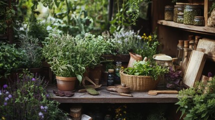 A meticulously arranged herb garden and apothecary, Fresh herbs and herbalist tools amid medicinal plants, Natural wellness style