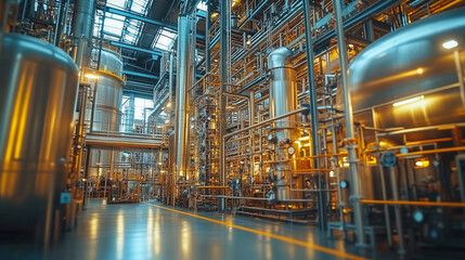 Obraz premium chemical plant with complex pipes, tanks, and laboratory equipment, scientific and industrial setting