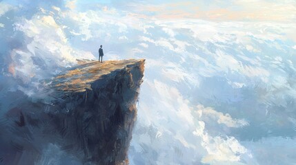 Person standing on clifftop overlooking cloudscape.