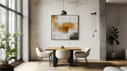 Modern dining area with a minimalist design and abstract artwork.
