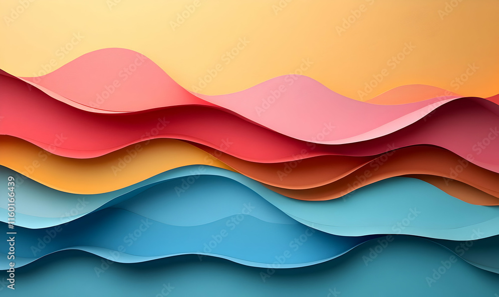 Poster abstract layered paper design in warm and cool colors creating a wave-like effect.