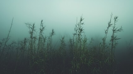 Foggy swamp with tall reeds.