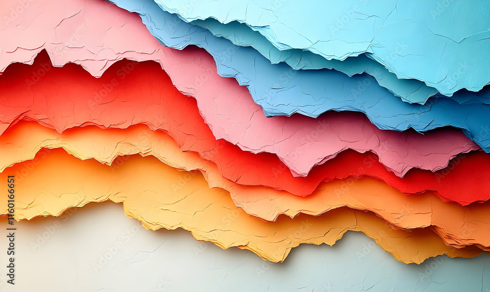Poster layers of colorful textured paper arranged in a visually appealing pattern.