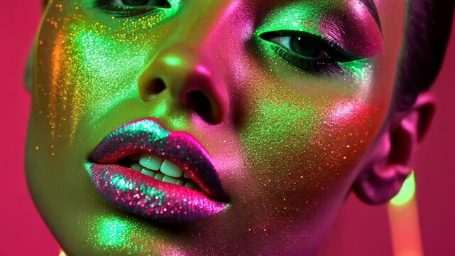 Close-up of lips, front-view portrait, neon pink and green makeup with glitter on the face, solid-color background.