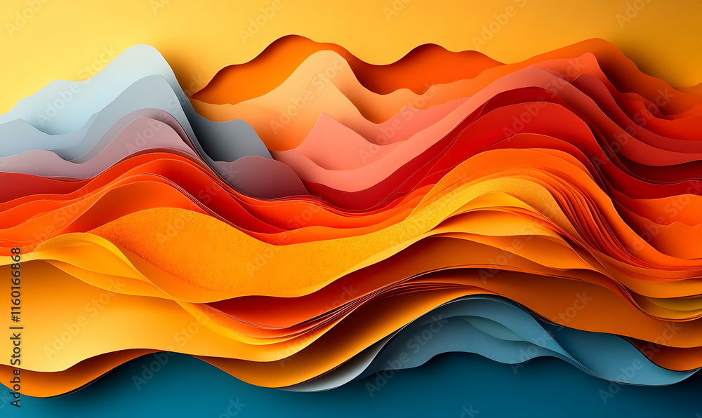 Poster abstract layered paper design in warm colors creating a dynamic landscape effect.