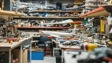 Fototapeta premium A meticulously arranged model airplane and aviation workshop, Scale models and aircraft parts meticulously detailed, Aviation hobbyist style
