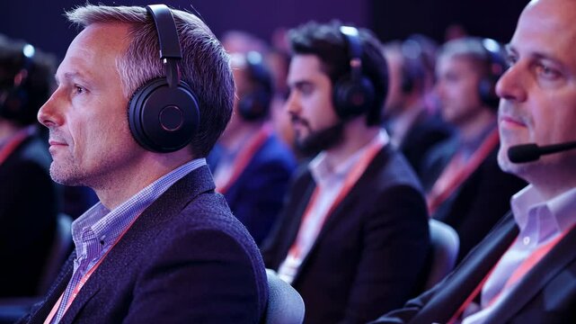 Stylish middle-aged business people sitting in the audience at a conference or meeting, wearing headphones and taking notes while listening to a speaker talk