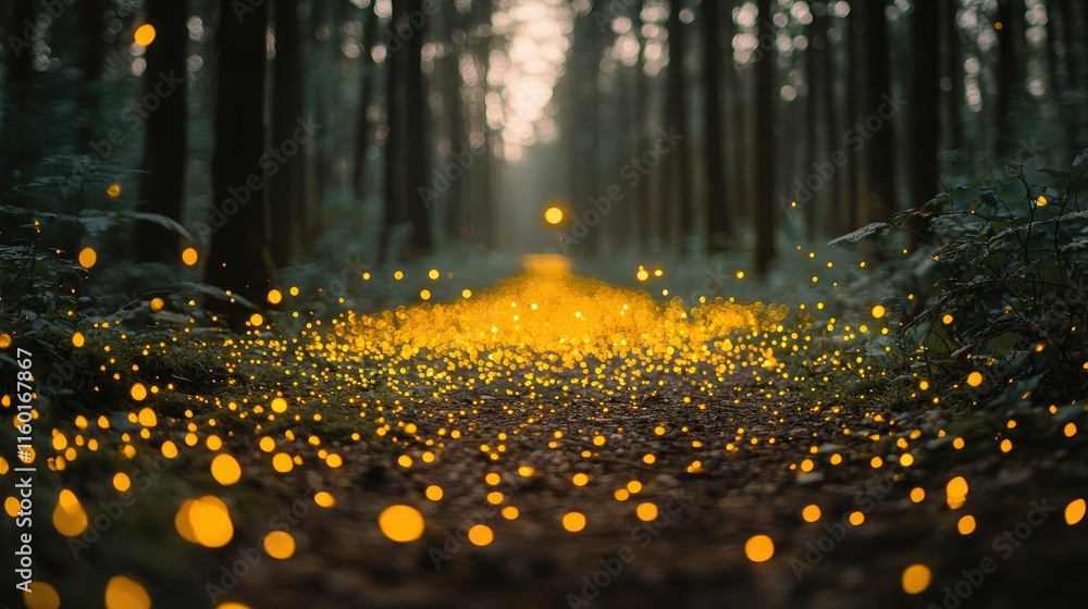 Aufkleber a serene forest path illuminated by glowing fireflies, creating a magical atmosphere.