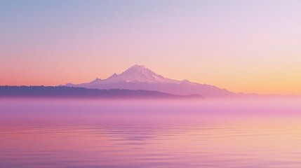 Serene sunrise over a misty mountain and calm water.