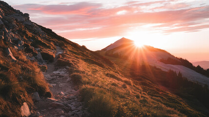 Radiant Sunset Illuminating Mountain Trail with Warm Hues