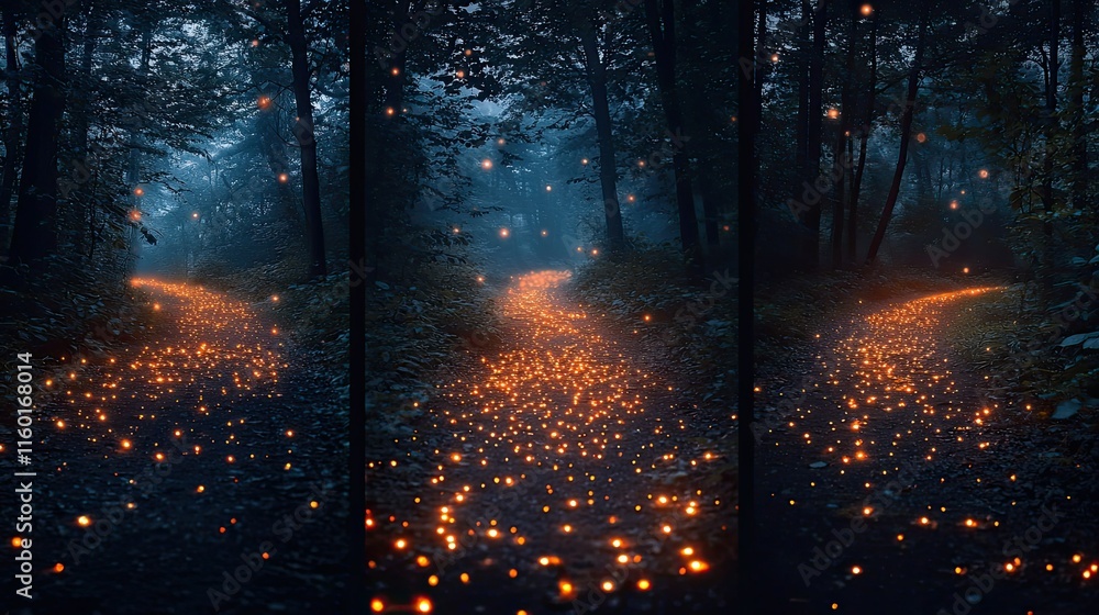 Poster a serene forest path illuminated by glowing orbs in a twilight setting.