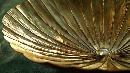 Close-up of a golden, shell-shaped decorative bowl.