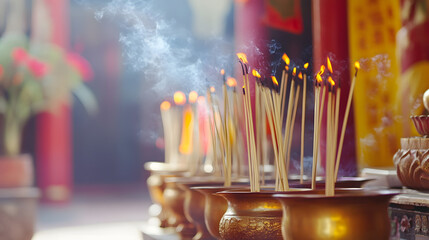 Naklejka premium Serene Buddhist Temple Interior with Burning Incense Sticks and Rising Smoke : Generative AI