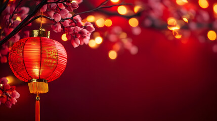 Obraz premium Illuminated Red Lantern and Cherry Blossoms Creating Festive Ambiance : Generative AI