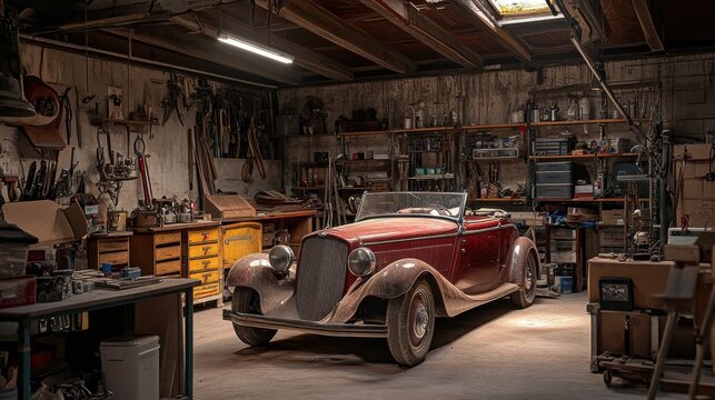 Fototapeta A meticulously arranged vintage car restoration garage, Classic cars and restoration tools in meticulous detail, Automotive restoration style