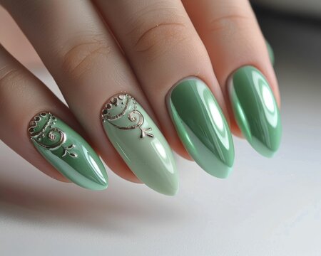 Perfect manicure with green long nails. AI generative
