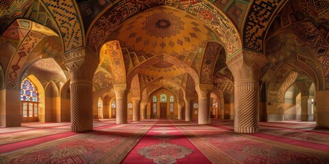 Magnificent Interior of the Nasir al-Mulk Mosque in Shiraz, Iran: A Symphony of Colors and Light