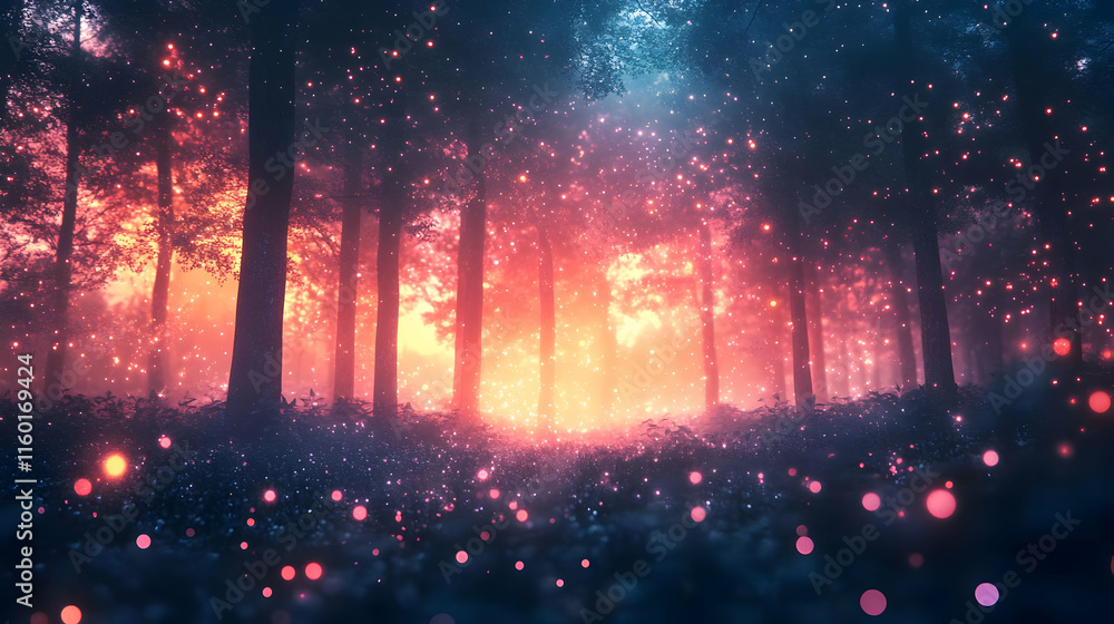 Aufkleber a mystical forest scene illuminated by ethereal light and floating orbs.