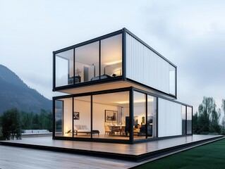 Fototapeta premium A luxury container home in progress, featuring angular designs and modern materials