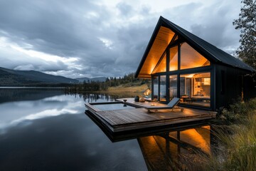 Modern cabin by serene lake under dramatic sky showcasing natural beauty and tranquility