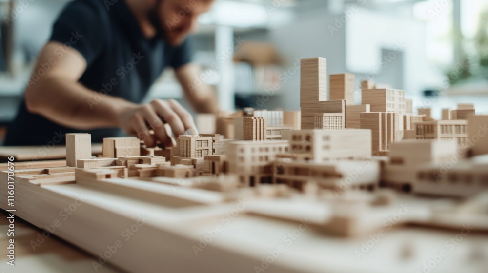 Poster A modern architecture studio with architects designing urban models using blocks, Blocks arranged in urban planning layouts, Architectural design style