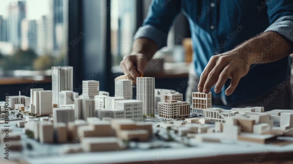 Aufkleber A modern architecture studio with architects designing urban models using blocks, Blocks arranged in urban planning layouts, Architectural design style