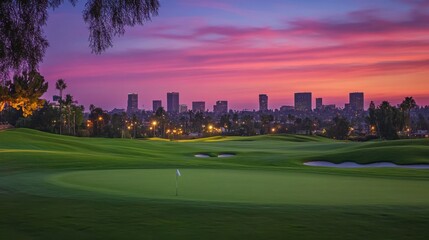 A modern golf course at twilight with city lights in the background, Golf clubs positioned under a colorful evening sky, Urban twilight style
