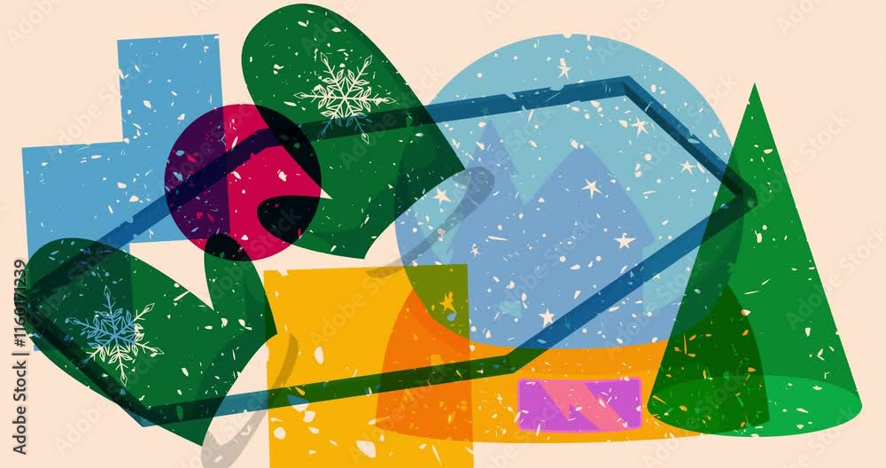 Poster risograph mitten glove and snow globe with geometric shapes animation. moving object in trendy riso 