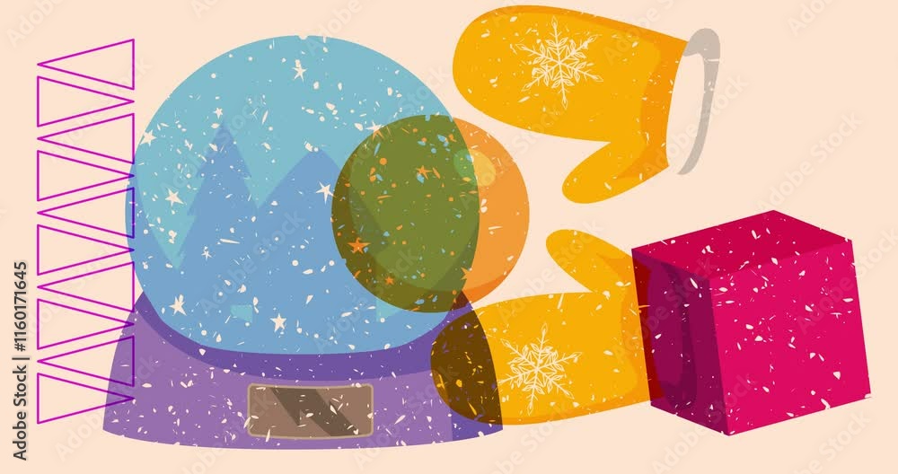 Aufkleber risograph mitten glove and snow globe with geometric shapes animation. moving object in trendy riso 