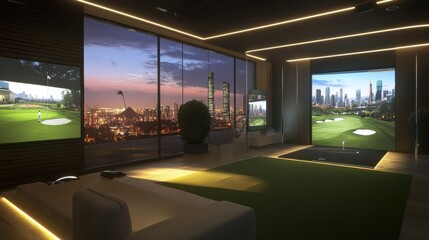 A modern golf simulator room with panoramic city views, Virtual fairways on high-definition screens, Urban luxury style