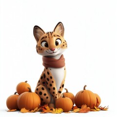 Obraz premium 3D Illustration of a Cute Cartoon serval with pumpkins