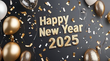 Festive New Year 2025 celebration with balloons and confetti on a dark background.