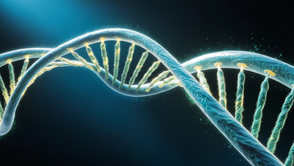 Highly detailed 3D rendering illustration of a glowing, glowing double helix DNA structure suspended in air, on a deep and ominous dark blue background