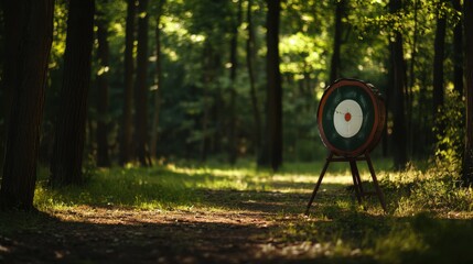 A peaceful archery range amidst a secluded forest clearing, Archery equipment neatly set up, Naturalistic photographic style