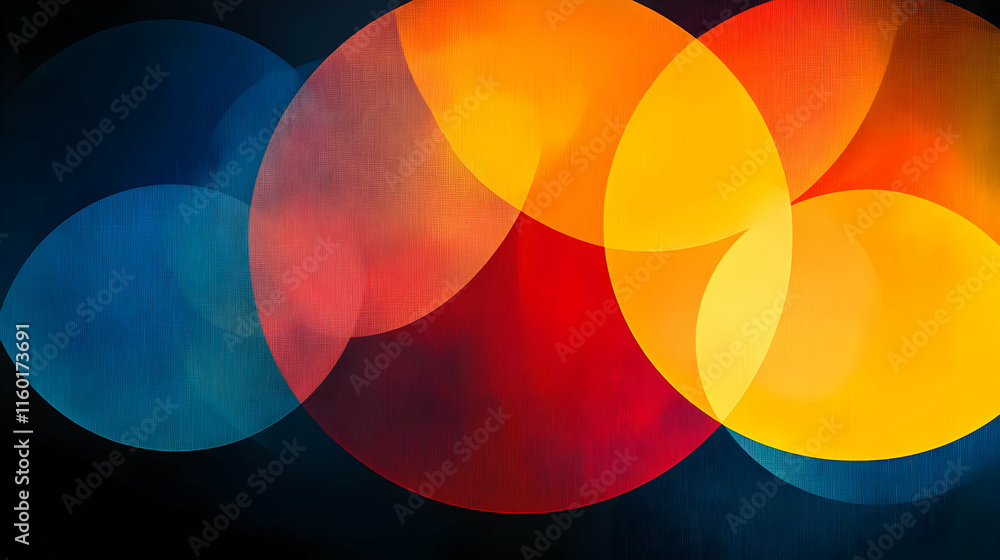 Poster abstract composition of overlapping colorful circles on a dark background.