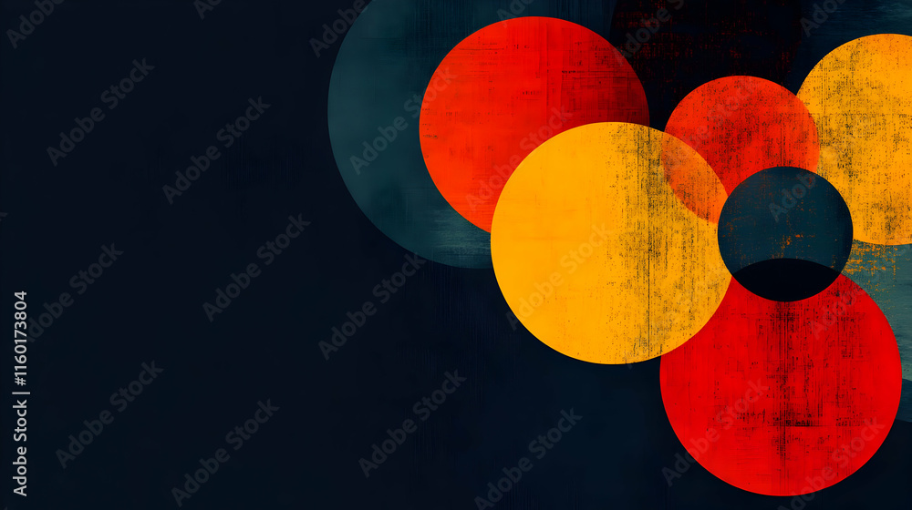 Poster abstract design featuring colorful overlapping circles on a dark background.