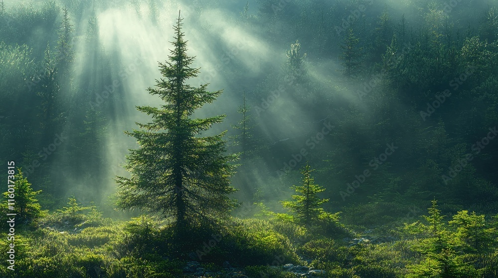Poster a serene forest scene with sunlight filtering through trees and mist.