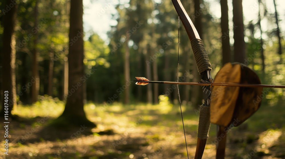 Poster a peaceful archery setup amidst a forest clearing, bow and arrows set in perfect alignment, nature-i