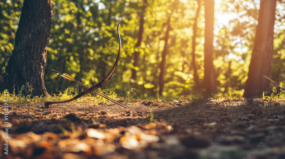 Poster a peaceful archery setup amidst a forest clearing, bow and arrows set in perfect alignment, nature-i