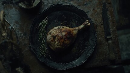 Obraz premium Roasted chicken leg on dark rustic tray with rosemary.