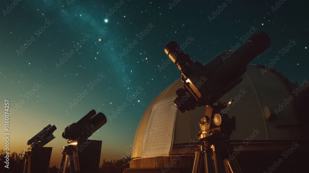 Poster a peaceful astronomy observatory with telescopes and star charts, telescopes aligned under a clear n