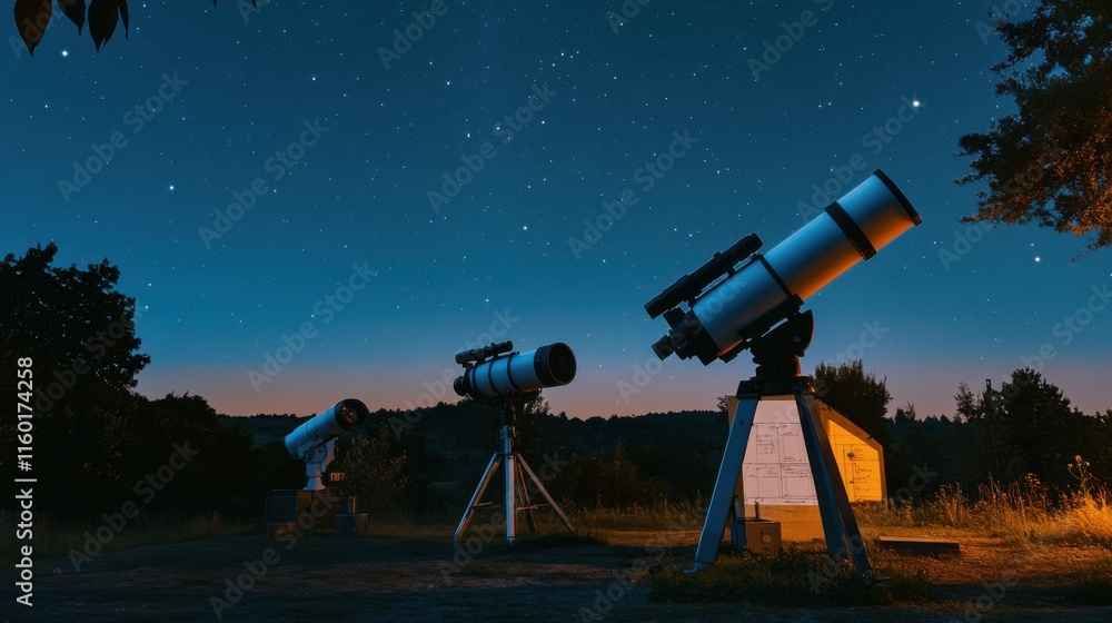 Poster a peaceful astronomy observatory with telescopes and star charts, telescopes aligned under a clear n