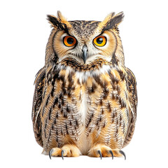 Obraz premium Front view full body shot of an extremely perfect looking single Eurasian Eagle Owl bird isolated on a white transparent background