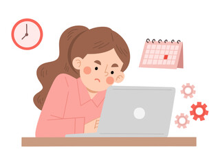 Illustration of a woman focusing on working on a laptop