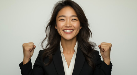 A photograph of an Asian woman in professional attire, smiling and celebrating with her fists raised high against a white background. She is wearing a black suit jacket over an off