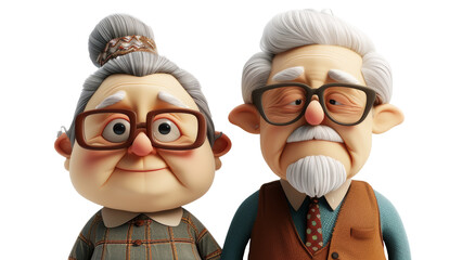 Touching 3D cartoon style illustration of an elderly couple. Grandpa in a checkered jacket and tie, and grandma with a neat bun and glasses png on a white transparent background elderly married couple