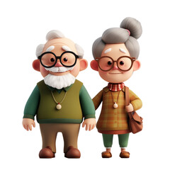 Touching 3D cartoon style illustration of an elderly couple. Grandpa in a checkered jacket and tie, and grandma with a neat bun and glasses png on a white transparent background elderly married couple