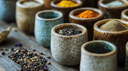 Colorful spices in small ceramic bowls on wooden surface.