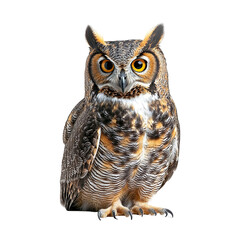 Fototapeta premium Front view full body shot of an extremely perfect looking single Great Horned Owl bird isolated on a white transparent background