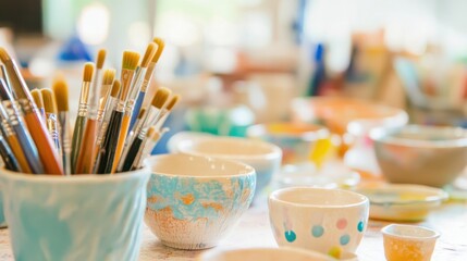 A peaceful ceramics painting class with ceramic paints and pottery, Painting tools organized in a bright classroom setting, Artistic classroom style